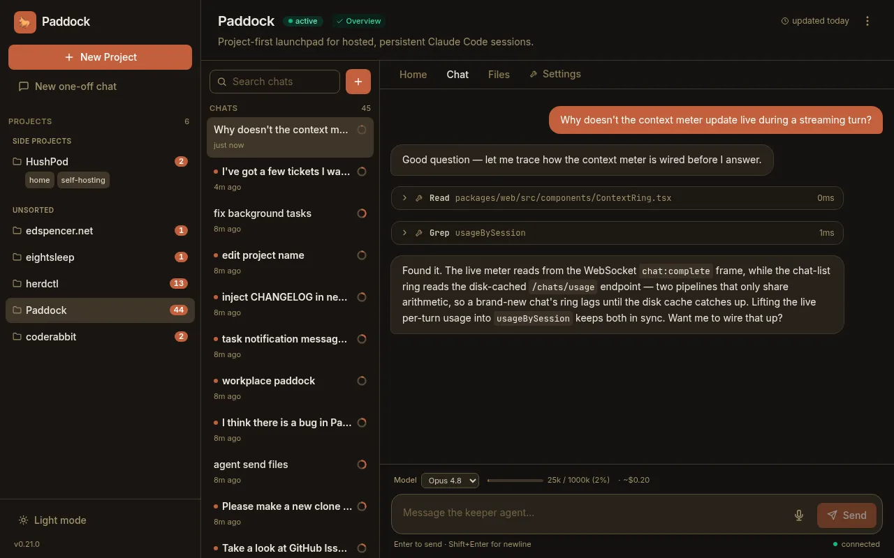 A chat showing Paddock's own MCP tools rendered as first-class UI elements